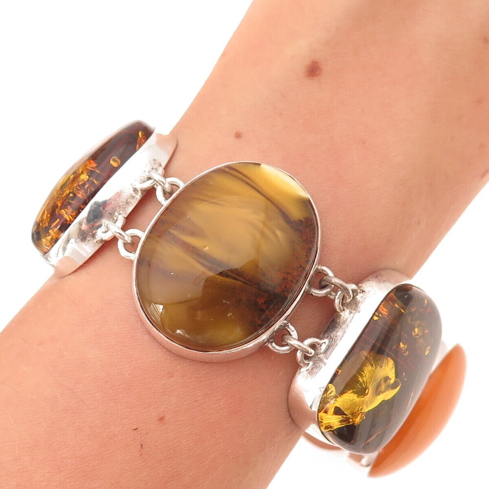 925 Sterling Silver Vintage Real Multi-Color Amber Modernist Bracelet 6.75"